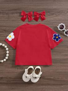 SHEIN Babygirl Floral Loose Fitting Short Sleeve T-Shirt, Versatile White, Summer - Hot Pink - View 2