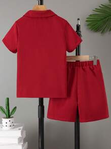 Boys' Gentleman Style Casual 2Pcs Set - Loose Fit Short Sleeve Blazer And Shorts, For Spring & Summer, Daily Wear - Red - View 2