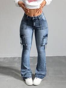 SHEIN Tall 女士牛仔裤 性感低腰紧身弹力喇叭裤 蓝色牛仔裤 女式高腰裤子 Y2k 牛仔裤 女式紧身裤 - 中等水洗藍 - 查看 4