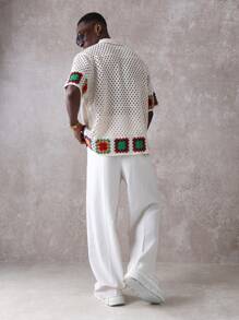 SUMWON Camicia di lusso con bottoni a uncinetto, abbigliamento estivo da resort, maglietta casual a maniche corte in maglia, vacanze al mare, motivo a quadrati nonna, collo e motivo intrecciato - Albicocca - Visualizzare 5