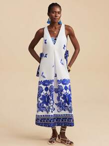 Travachic 女士花卉印花侧开衩前系带海滩度假和服 - 藍白色 - 查看 5