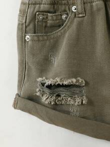 DENIMLY Young Girl Boho Vintage Army Green Mini Denim Shorts, Fully Elastic Waistband And Classic Five Pockets, Ripped Detail And Roll Up Hem Jean Shorts. Western Style And Soft.