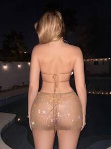 EgrlEra 女士水钻镂空性感渔网连衣裙，适合酒吧、派对、音乐节 - 金色 - 查看 2