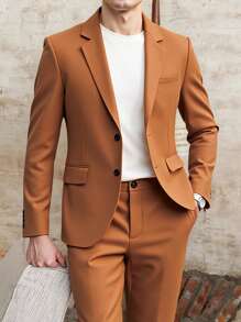 Manfinity Bizformal Conjunto de traje casual de una sola de botones con chaqueta y pantalones para hombres, conjunto de traje formal de negocios con chaqueta de botones delanteros y pantalones a medida, y conjunto de ropa de traje de chaleco de 2 piezas para hombres