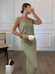 SHEIN Frenchy Bộ 2 áo len họa tiết hoa thanh lịch dành cho nữ khi đi làm vào mùa thu/đông - màu xanh lá - Xem 3