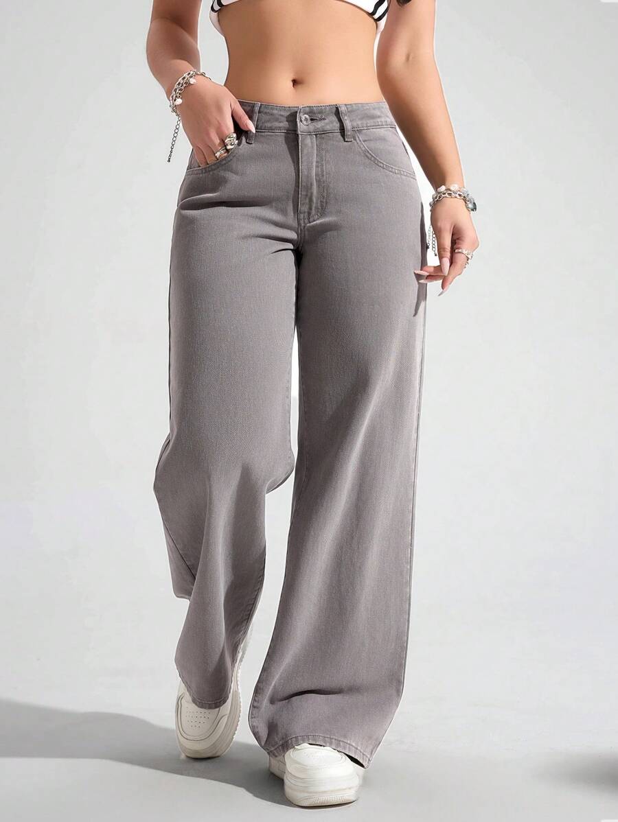 SHEIN ICON Women's Casual Loose Straight Leg Pocketed Jeans - Grey - View 1