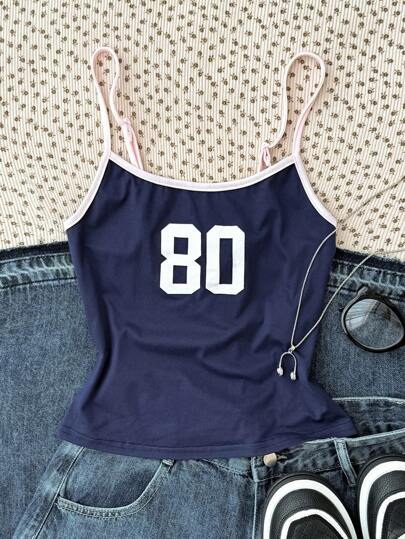 SHEIN Camiseta de tirantes informal con estampado numérico azul y rosa para adolescentes, apta para verano, moda callejera, escuela, deportes y hogar