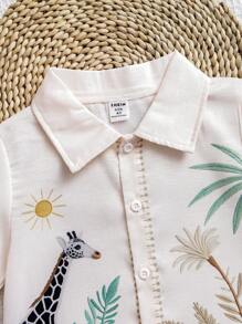 SHEIN Playful Pals Cartoon Animal & Plant Print Short Sleeve Shirt For Young Boys, Summer Summer Holiday