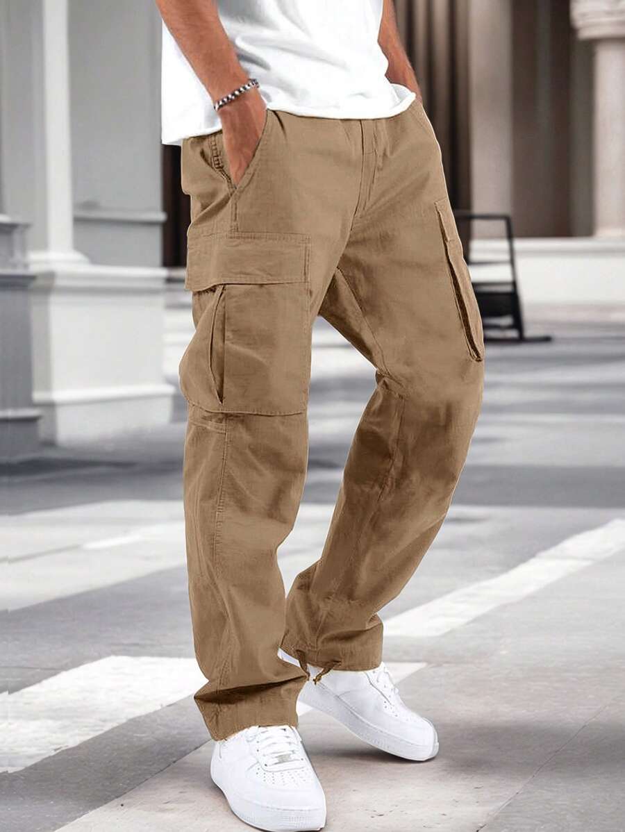 Manfinity Homme Quần ống đứng túi rút eo màu trơn thời trang thường ngày cho nam, mùa thu - Màu Khaki - Xem 1