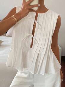 Livesso Blusa de lino con detalle de lazo para mujer, top de volantes tipo babydoll para salir, tops de otoño