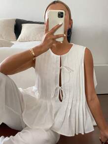 Livesso Blusa de lino con detalle de lazo para mujer, top de volantes tipo babydoll para salir, tops de otoño