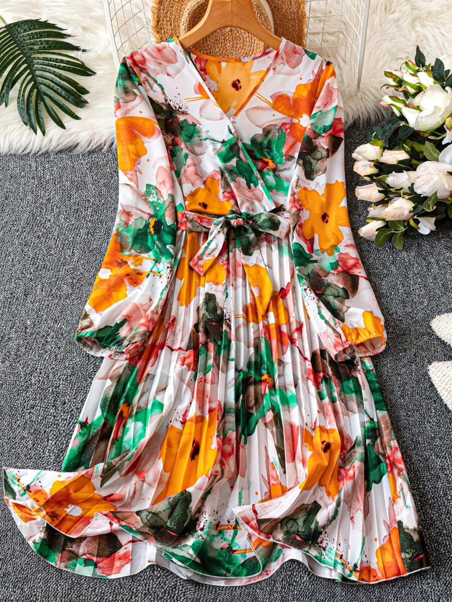 Breezaya Abito elegante da donna con stampa floreale, scollo a V, maniche a lanterna e orlo plissettato