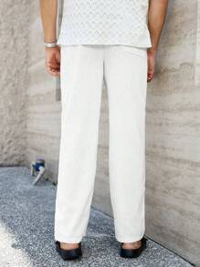 Manfinity Homme Men's Solid Color Pocket Versatile Linen Casual Pants, Fall