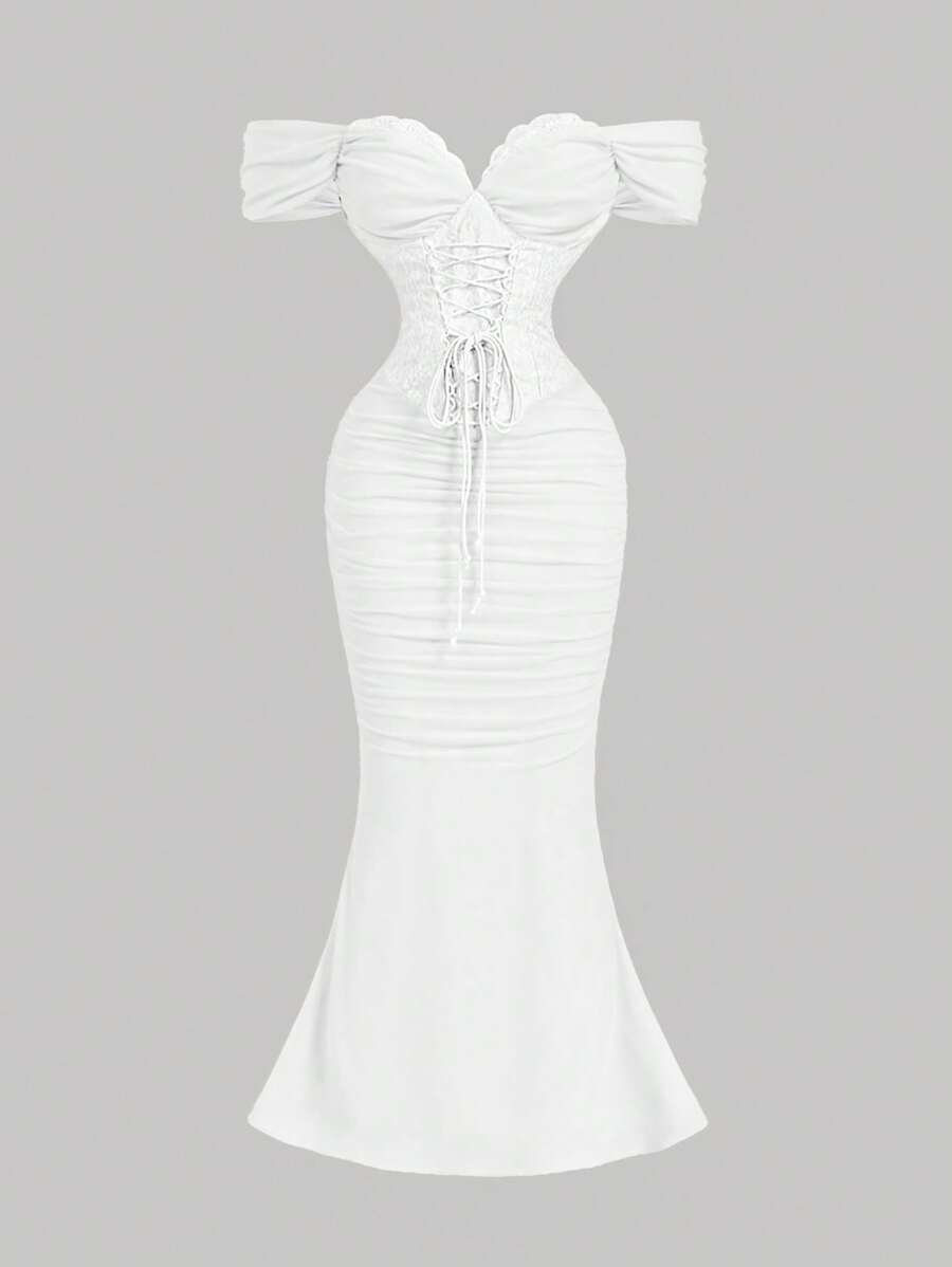 SHEIN MOD White Off Shoulder Romantic Vintage Style Palace Dress For Women