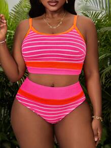 Slaydiva 加大码两件套度假沙滩泳衣，特殊条纹面料，可调节肩带，分体设计泳衣