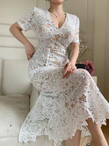 DAZY Nuovo elegante abito estivo da donna a vita alta, in pizzo traforato, di media lunghezza