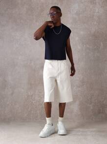 SUMWON 设计师款宽腿牛仔百慕大短裤，做旧毛边，磨边，常规版型，夏季休闲街头风格，节日日常时尚，都市滑板 - 米色 - 查看 3