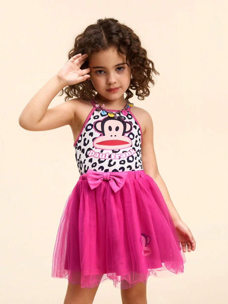 Paul Frank X SHEIN Áo không tay in họa tiết khỉ hoạt hình và da báo cho bé gái & váy trang trí nơ lưới màu hồng - Nhiều màu - Xem 1