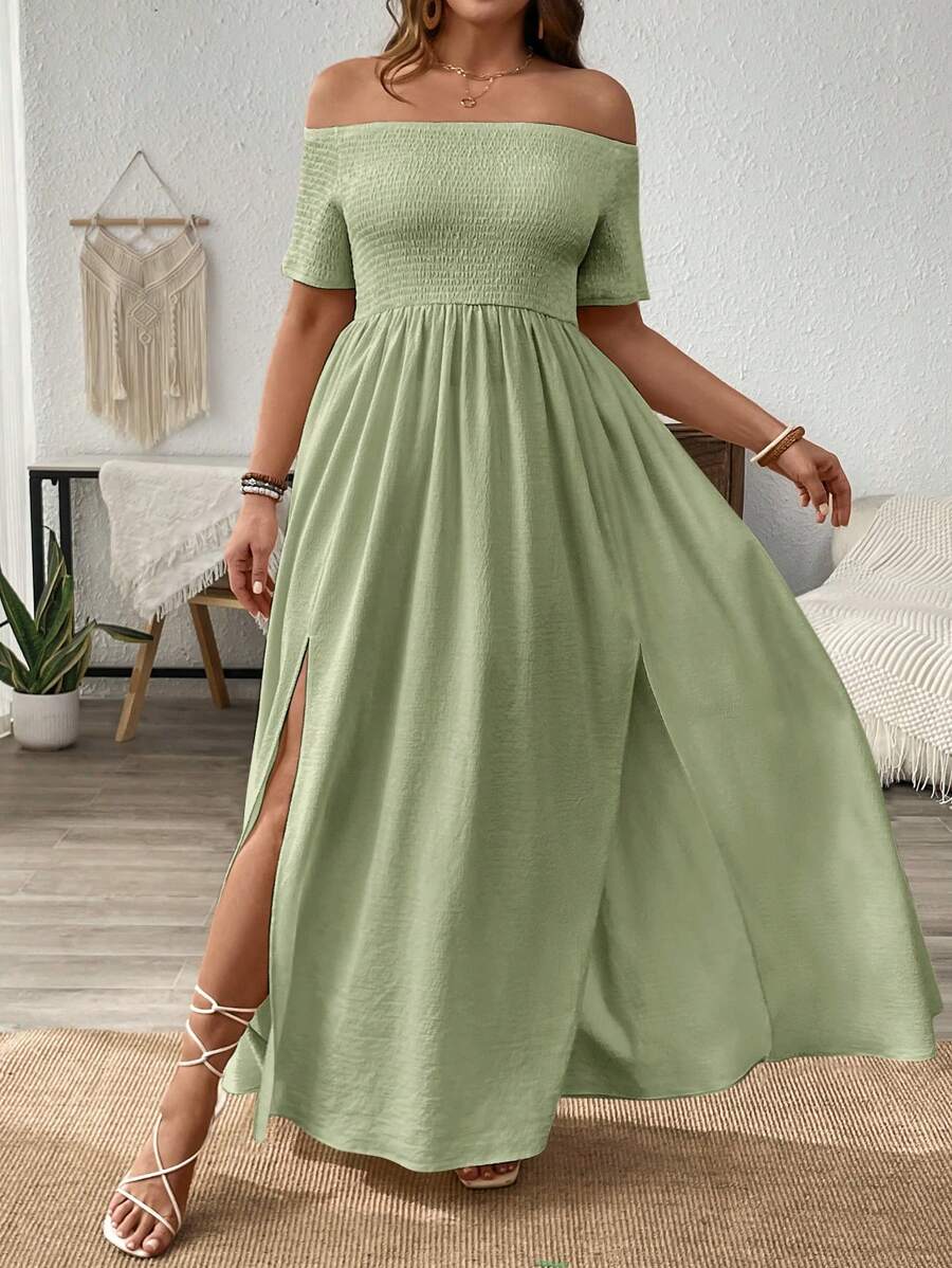 SHEIN VCAY 大码度假露肩开衩下摆连衣裙 - 薄荷綠 - 查看 1