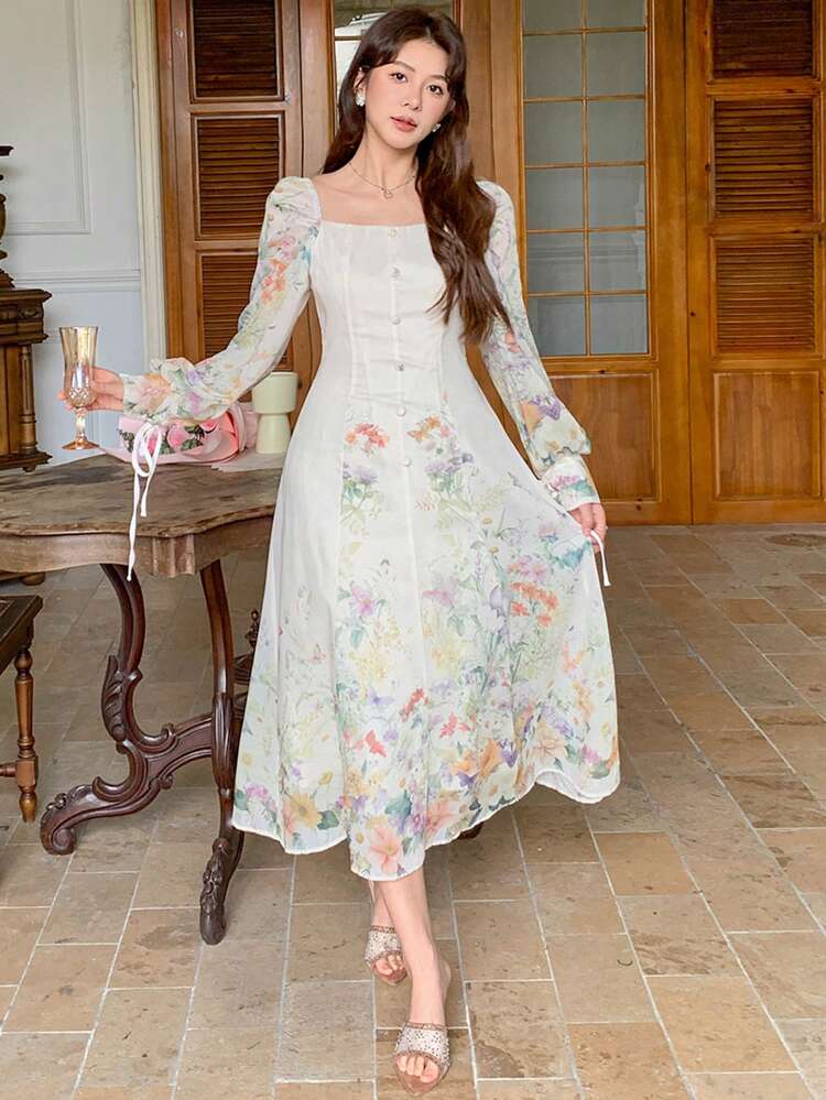 Women's Spring & Fall French Style Ditsy Floral Long Sleeve Dress, High-End Floral Dress For Spring