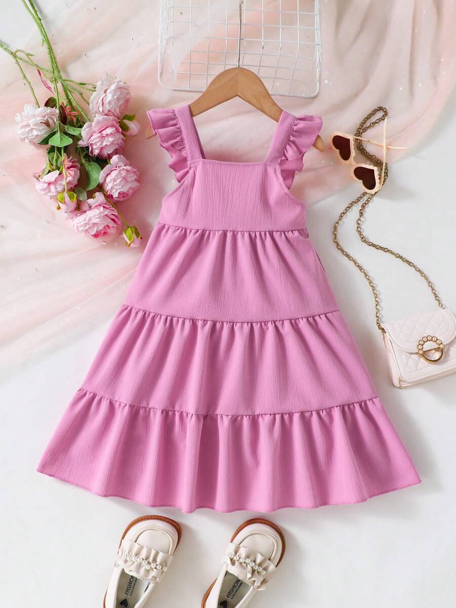 SHEIN 女童休闲度假蛋糕荷叶边V领连衣裙 - 淺粉色 - 查看 1