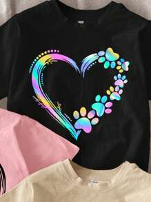 SHEIN Tween Girls Casual Minimalist Tees, Heart, Leopard Print Love, Plaid Heart, Colorful Heart Graphic Designs, Black, Pink, Khaki, Suitable For Summer