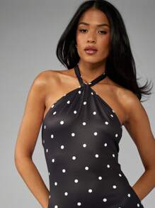 MISSGUIDED Polka Dot Halter Neck Midi Dress - Black - View 3