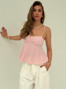 Aloruh Top ajustado sexy tipo tanque para mujer con cuello en pico, encaje y volantes, con tirantes ajustables - Blanco - Ver 5