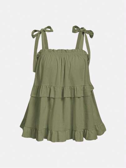 SHEIN MOD Plus Size Beige Retro Romantic Women's Shoulder Strap Spaghetti Strap Loose Layered Lotus Leaf Edge Top, Summer Spaghetti Strap, Casual Daily Wear, Korean Fashion, Date Wear, Cute And Sweet,Casual