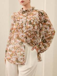 Aveloria Rosie Camicia trasparente con stampa digitale e maniche lunghe, taglie forti