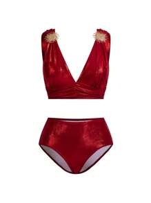 Swim Oasis Ladies Summer Beach Metallic Decor Bikini Sets & Wrap Skirt - Red - View 10
