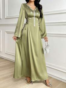 Al Najma 女士简约阿拉伯风格长袖连衣裙，适合夏季 - 綠色 - 查看 6