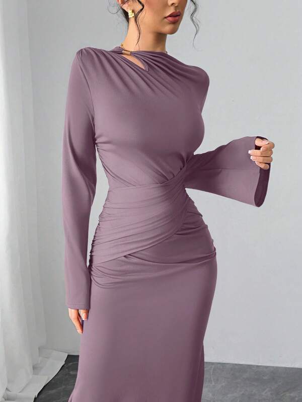 Modelyn Women Elegant Solid Color Bell Sleeve Fitted Long Dress Dresses For Wedding Event