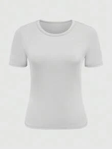 SHEIN 3 件女式纯色圆领短袖休闲修身 T 恤套装 - 彩色 - 查看 4