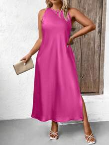SHEIN Clasi Plus Size Solid Color Round Neck Split Hem Sleeveless Summer Dress Maxi Satin Women Outfit - Hot Pink - View 5