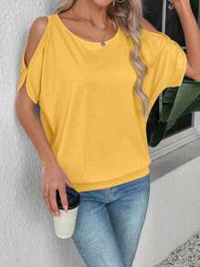 EMERY ROSE Summer Casual Solid Color One-Shoulder Round Neck Short Sleeve T-Shirt - Coral Orange - View 4