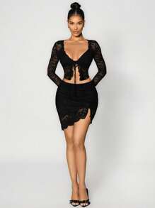 Sirith Spring/Summer Asymmetrical Hem Slit Knitted Lace Women's Half-Body Skirt - Black - View 6