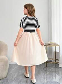 Tween Girl Casual Cute Bow Stripe Color Block Patchwork Dress, Back To School - Multicolor - View 5