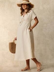 SHEIN Maternity Casual Solid Color Textured Front Tie Midi Dress, Summer Boho - Apricot - View 6