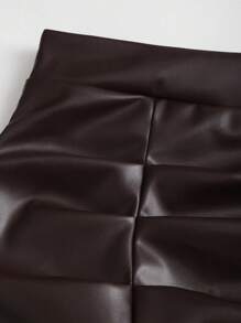 Sweetra Elegant Retro High Waist Pleated Brazilian PU Leather Side Slit Flared A-Line Mini Skirt For Women Y2K  - Chocolate Brown - View 4