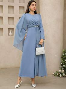 Graceveil Abito elegante da donna a maniche lunghe con scollo tondo, con inserti in rete, colore unito, modesto