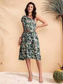 Chiquease Women's Elegant Floral Print Asymmetrical Ruffled Hem Belted Summer Vacation Dress - Green - View 4