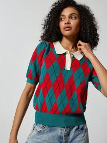 SHEIN EZwear Button Half Placket Argyle Knit Top