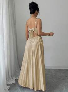 Elenzga Women's Pink V-Neck Back Strap Ruched Hem Casual Vacation Style Strap Dress - Khaki - View 2