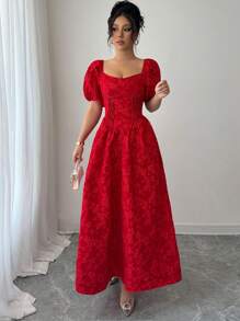 Modelyn 女士编织提花拼色弹性褶饰肩袖腰部 A 字形连衣裙，优雅 - 紅色 - 查看 3