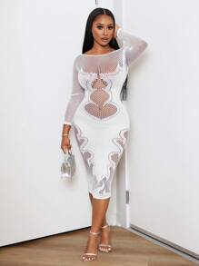 BamGleam Vestido largo de manga larga transparente, calado y sólido sexy para mujer - Blanco - Ver 4