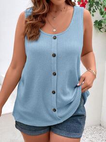 SHEIN VCAY Plus Size Summer Casual Solid Color Front Button Tank Top - Baby Blue - View 4