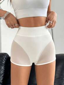 SHEIN EZwear Women's White Casual Mini Shorts With Mesh Panel Detail: Stylish And Comfortable Polyester Blend For Everyday Wear