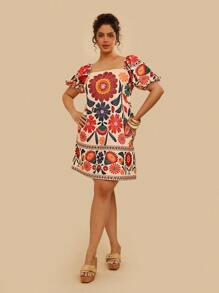 Travachic Vestido mini de punto de verano para mujer talla grande, con cuello cuadrado, mangas abullonadas y estampado colorido bohemio