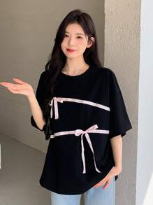 DAZY 女士夏季拼接大蝴蝶结宽松休闲短袖T恤可爱上衣